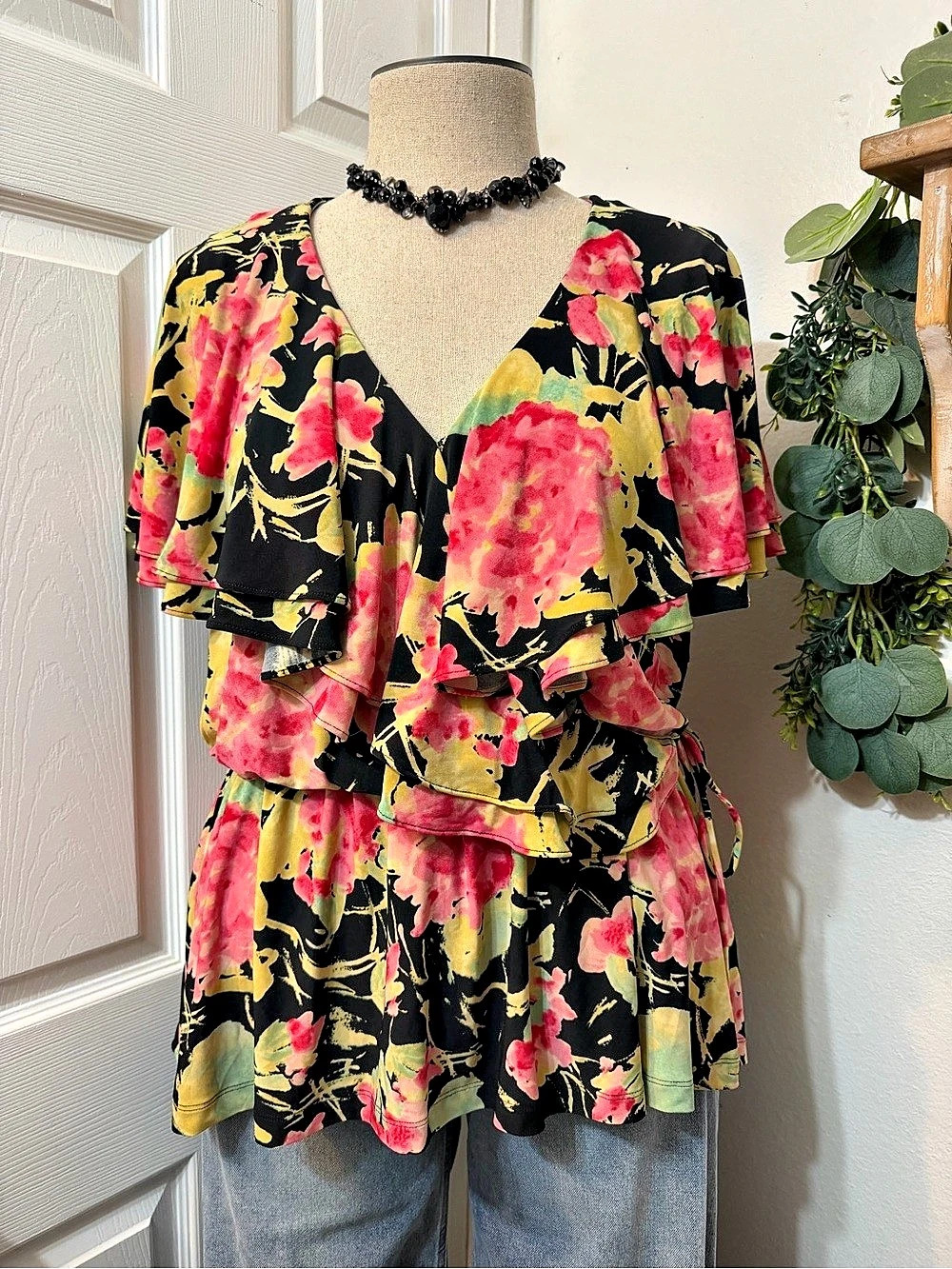 Lauren Ralph Lauren Floral Ruffle-Trim Surplice Jersey Top Black & Pink 2X